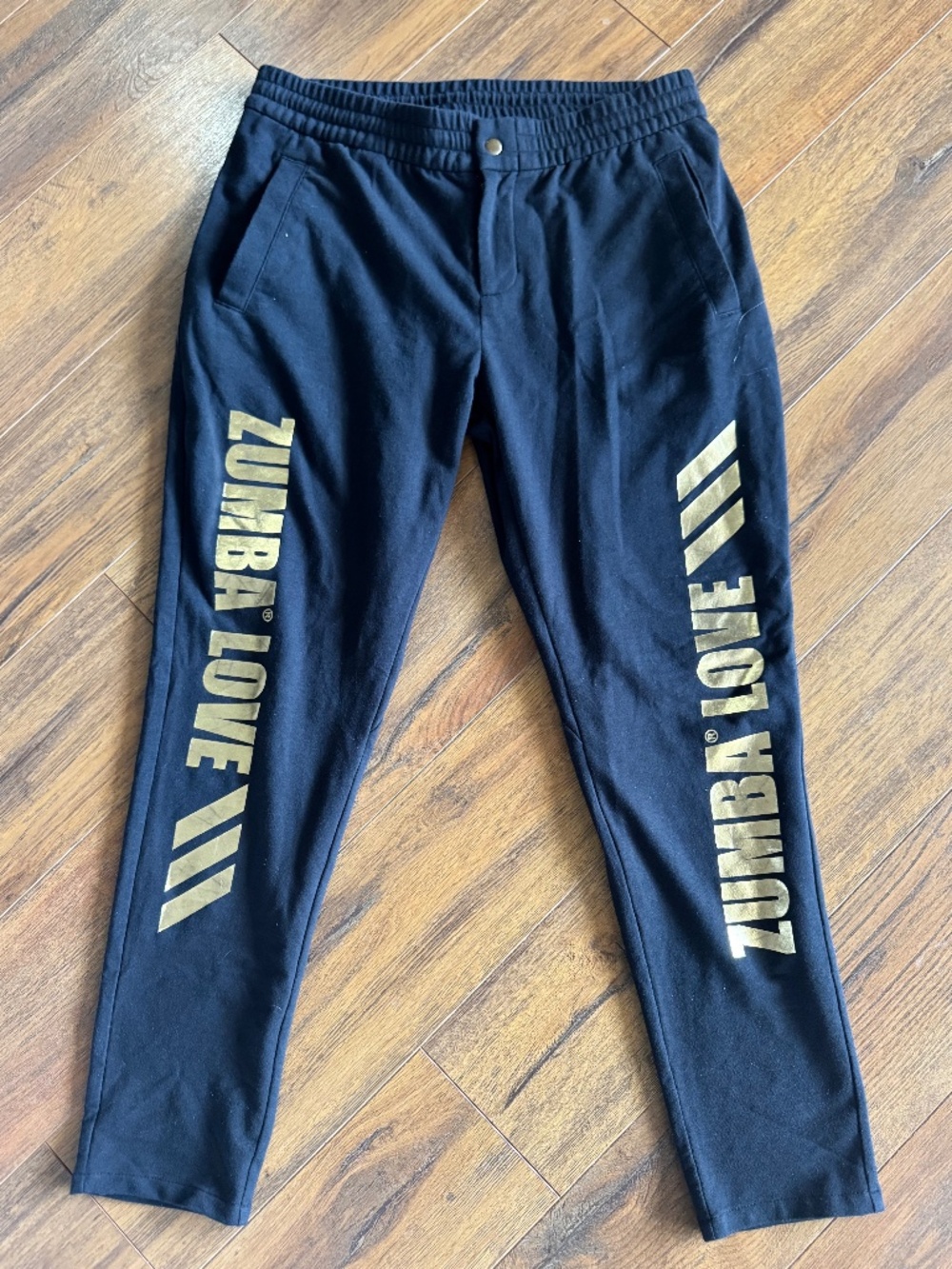 Zumba Wear Black & Gold Graphic Joggers ✨ Dance Fitness Pants Size Large